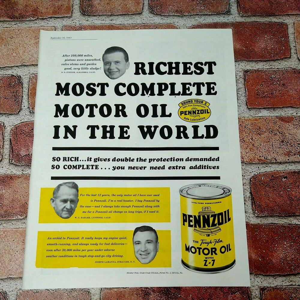 Pennzoil Motor - Oil Can / Richest Oil in World‎ - Vtg 1961 PRINT AD Ephemera